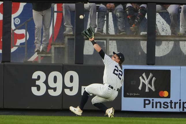 May 23, 2023; Bronx, New York, USA; New York Yankees center fielder Harrison Bader (22) catches a fly ball hit by Baltimore Orioles designted hitter Anthony Santander (25) (not pictured) during the third inning at Yankee Stadium.