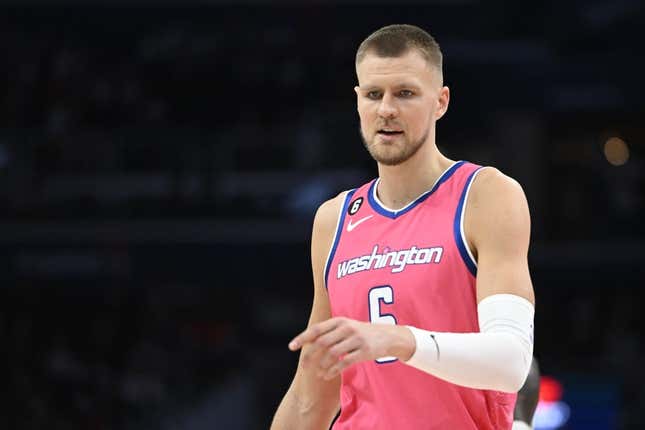 Mar 22, 2023; Washington, District of Columbia, USA; Washington Wizards center Kristaps Porzingis (6) on the court against the Denver Nuggets during the second half at Capital One Arena.