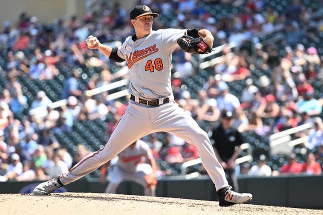 Jul 9, 2023; Minneapolis, Minnesota, USA; Baltimore Orioles starting pitcher Kyle Gibson (48) throws a pitch against the Minnesota Twins during the sixth inning at Target Field.