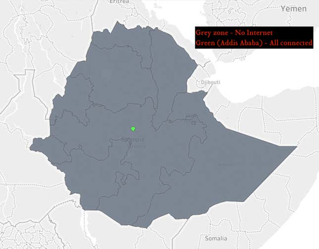 Only Addis Ababa, the green spot, has had reliable Internet conection since mid-December 2017, with some areas having no connection whatsoever.