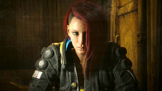 V looks in a mirror in Cyberpunk 2077.