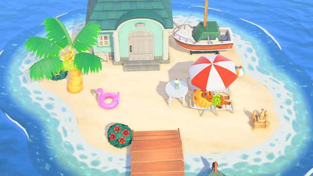 One of the villagers lays out on a chair in front of their beachside vacation home in the Animal Crossing: New Horizons DLC Happy Home Paradise.