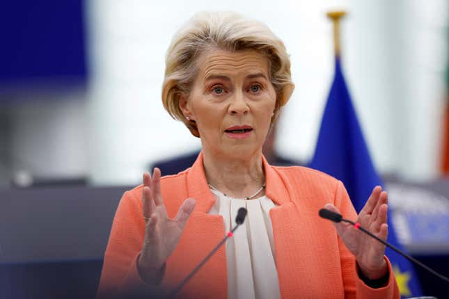 European Commission President Ursula von der Leyen delivers her annual speech on the state of the European Union and its plans and strategies looking ahead, at the European Parliament, Wednesday, Sept. 13, 2023 in Strasbourg, eastern France. (AP Photo/Jean-Francois Badias)