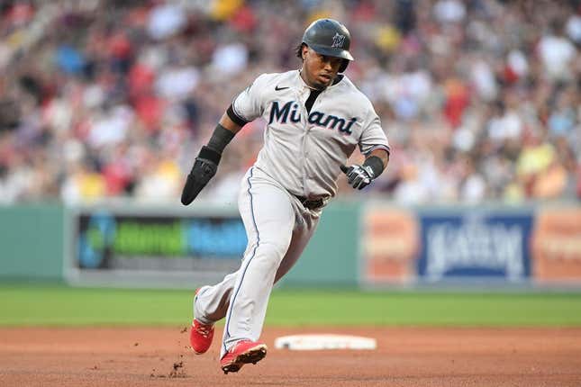 Jun 29, 2023; Boston, Massachusetts, USA; Miami Marlins third baseman Jean Segura (9) runs towards third base during the eighth inning of a game against the Boston Red Sox at Fenway Park.
