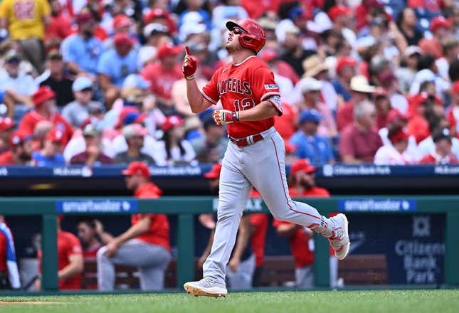 Aug 30, 2023; Philadelphia, Pennsylvania, USA; Los Angeles Angels outfielder Hunter Renfroe (12) reacts after hitting a two-run home run against the Philadelphia Phillies in the second inning at Citizens Bank Park.