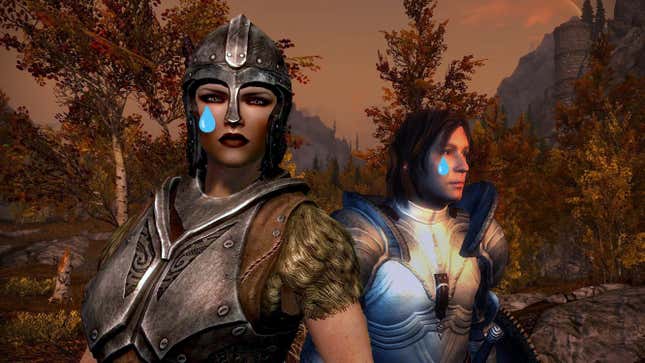 Two characters from The Elder Scrolls shed a tear while standing in front of a forest.