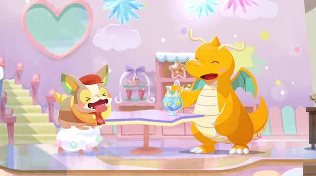 Two Pokémon laugh over tea in Pokémon Cafe Remix.