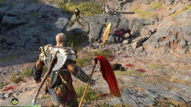 Kratos stands ready to fight as holds a large golden spear.