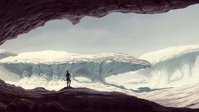 A character looks out at a strange world with mushroom-like formations.