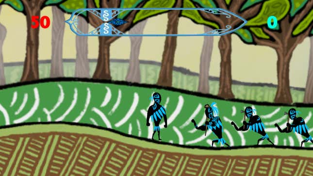 Screenshot of three featureless tribe members performing a dance while one tribe member looks on. They are adorned in bright blue markings and stand in a green forest.