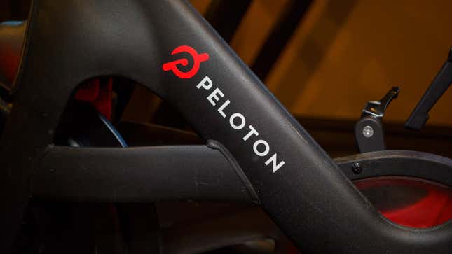 close-up of logo on a Peloton bike