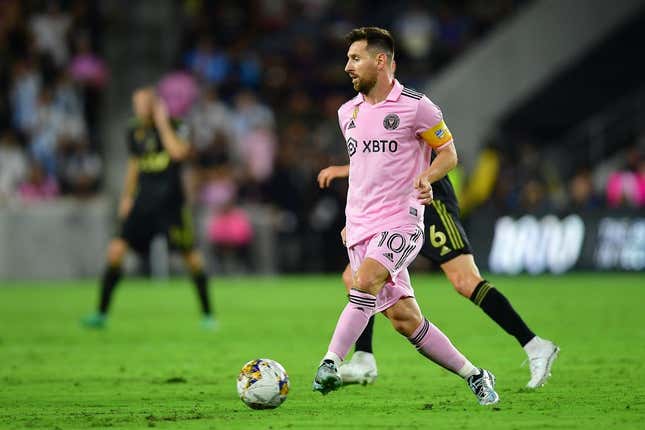 Sep 3, 2023; Los Angeles, California, USA; Inter Miami forward Lionel Messi (10) controls the ball against Los Angeles FC during the first half at BMO Stadium.
