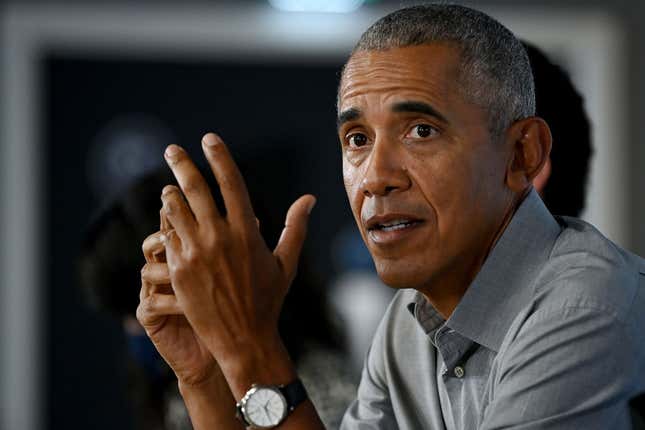 Former US President Barack Obama gestures as he speaks during a round table meeting at the University of Strathclyde on November 08, 2021, in Glasgow, Scotland.