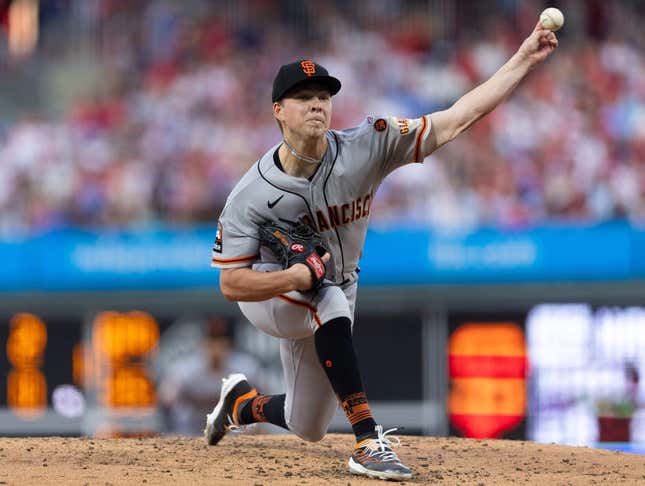 Aug 22, 2023; Philadelphia, Pennsylvania, USA; San Francisco Giants starting pitcher Kyle Harrison (45) throws a pitch during the second inning against the Philadelphia Phillies at Citizens Bank Park.