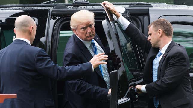 Trump gets into his SUV after arriving at Walter Reed National Military Medical Center on May 16, 2018.