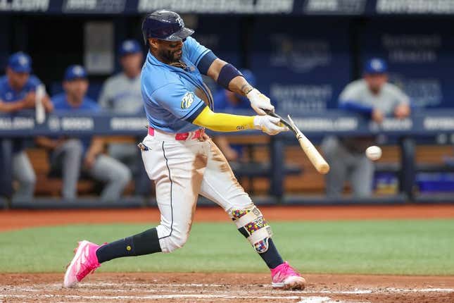 Jun 25, 2023; St. Petersburg, Florida, USA;  Tampa Bay Rays first baseman Yandy Diaz (2) hits a single against the Kansas City Royals in the fifth inning at Tropicana Field.
