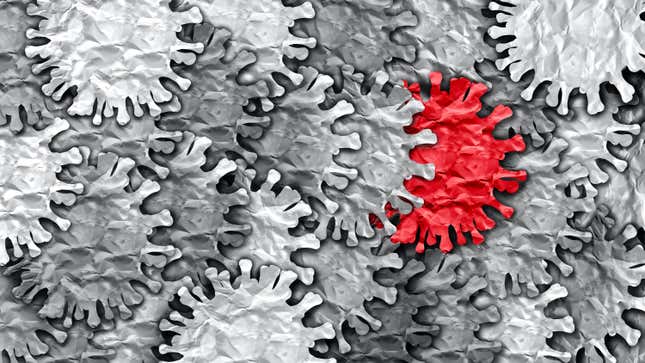 abstract virus-like shapes in shades of gray. One is red.