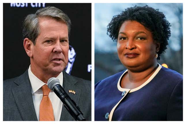 This combination of 2022 and 2021 file photos shows Georgia Gov. Brian Kemp, left, and gubernatorial Democratic candidate Stacey Abrams. Republicans are using the defeat of a voting suit brought by a group founded by Abrams to attack her legitimacy as a voting rights advocate. They say a judge’s Friday rejection of the last remaining claims in a suit brought by Fair Fight Action shows that Abrams was wrong all along to claim that she lost the 2018 Georgia governor’s race to Kemp because of voter suppression by Kemp.