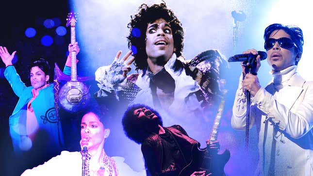 Clockwise from top left: Prince at Super Bowl XLI (Photo: Jamie Squire/Getty Images); in concert circa 1985 (Photo: Michael Ochs Archives/Getty Images); at the 2007 NCLR ALMA Awards (Photo: Kevin Winter/Getty Images for NCLR); onstage in 2015 (Photo: Karrah Kobus/NPG Records via Getty Images); at Coachella in 2008 (Photo: Kevin Winter/Getty Images).