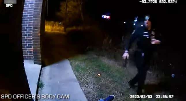 This photo provided by Louisiana State Police shows police body cam video of Shreveport Police Officer Alexander Tyler after shooting Alonzo Bagley after a foot chase on Feb. 3, 2023 in Shreveport, La.
