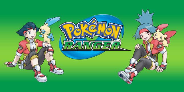 The main characters of Pokemon Ranger are seen sitting with Minun and Plusle.