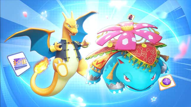 A screenshot of Charizard and Venusaur in new holowear outfits for season two of Pokémon Unite.