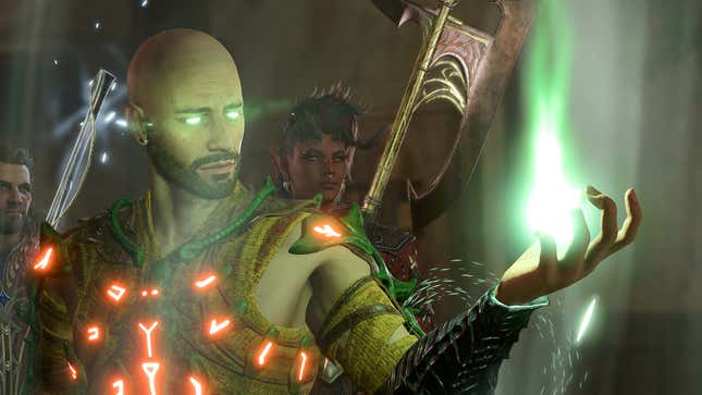 Tav is shown casting a spell with glowing green eyes.