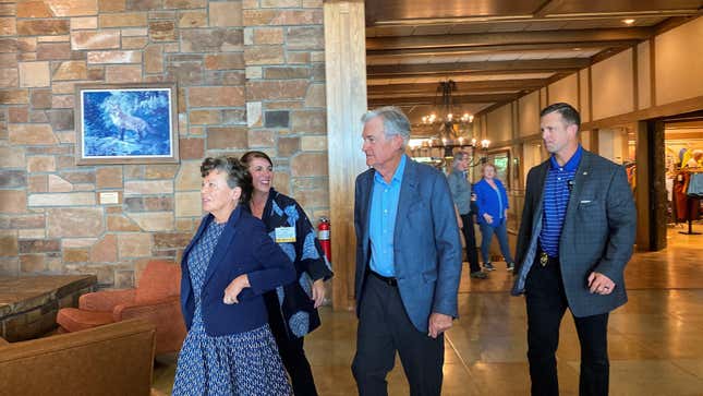 Federal Reserve Chair Jerome Powell walks into the opening dinner of the Kansas City Fed's annual economic symposium in Jackson Hole, Wyoming, U.S., August 24, 2023.