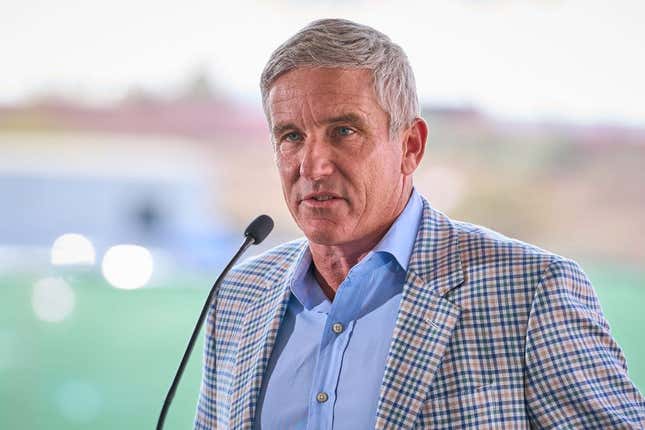 Dec 5, 2022; Scottsdale, AZ, USA; PGA Tour commissioner Jay Monahan addresses the crowd during the DraftKings Sportsbook groundbreaking ceremony at the TPC Scottsdale Champions Course on Monday, Dec. 5, 2022.

Pga Sportsbook Groundbreaking At Tpc Scottsdale