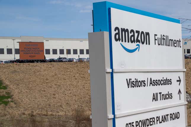 The outside of the Amazon Fulfillment Center as Congressional delegates visit after meeting with workers and organizers involved in the Amazon BHM1 facility unionization effort, represented by the Retail, Wholesale, and Department Store Union on March 5, 2021, in Birmingham, Alabama. 
