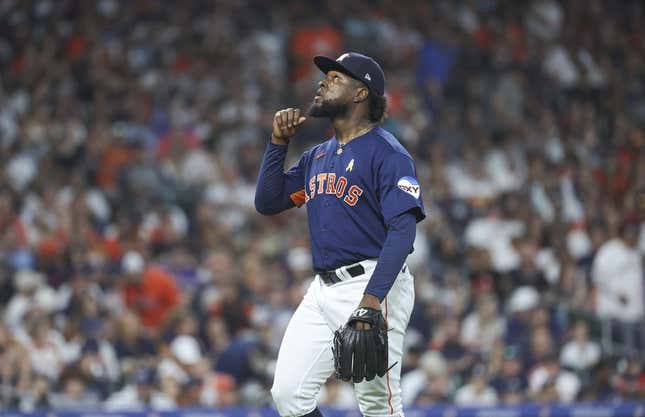 Sep 3, 2023; Houston, Texas, USA; Houston Astros starting pitcher Cristian Javier (53) looks up after pitching during the fifth inning against the New York Yankees at Minute Maid Park.