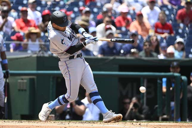 Jun 18, 2023; Washington, District of Columbia, USA; Miami Marlins shortstop Jacob Amaya (67) hits a RBI fielders choice against the Washington Nationals during the second inning at Nationals Park.