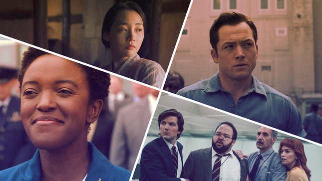 Clockwise from bottom left: Krys Marshall in For All Mankind, Minha Kim in Pachinko, Taron Egerton in Black Bird, and Adam Scott, Zach Cherry, John Turturro, and Britt Lower in Severance (Photos: Apple TV+)