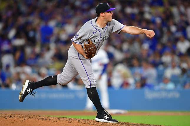 Aug 10, 2023; Los Angeles, California, USA; Colorado Rockies relief pitcher Ty Blach (50) throws against the Los Angeles Dodgers during the sixth inning at Dodger Stadium.