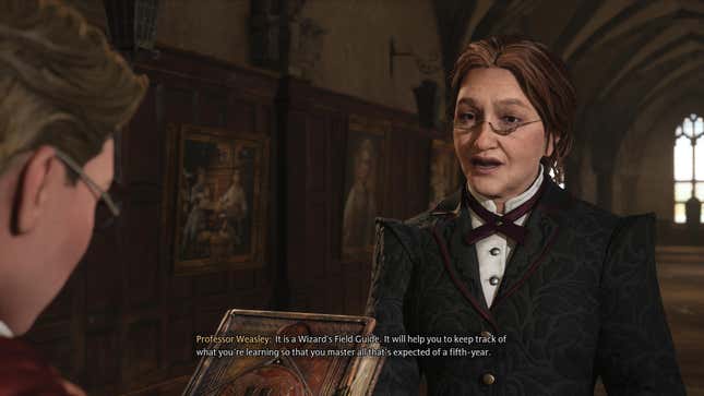 A woman identified as Professor Weasley comments about a book called the Wizard's Field Guide which will "help you to keep track of what you're learning" while standing in a hallway decorated with paintings.