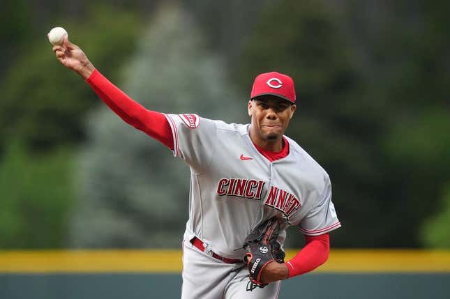 May 15, 2023; Denver, Colorado, USA; Cincinnati Reds starting pitcher Hunter Greene (21) delivers a pitch in the first inning against the Colorado Rockies at Coors Field.