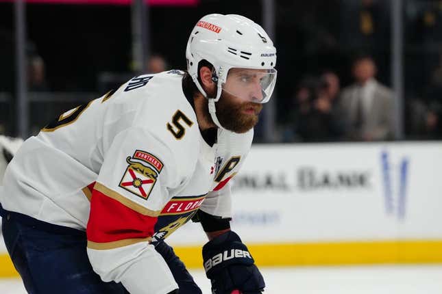 Jun 13, 2023; Las Vegas, Nevada, USA; Florida Panthers defenseman Aaron Ekblad (5) skates against the Vegas Golden Knights during the second period in game five of the 2023 Stanley Cup Final at T-Mobile Arena.