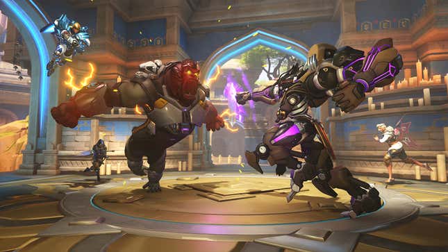 Overwatch 2's Winston and Ramattra face off on one of the capture points in the new mode Flashpoint.