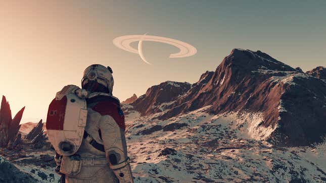 An astronaut looks out at a barren Starfield planet. 