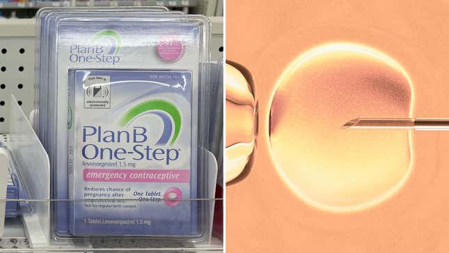 Photo of Plan B emergency contraceptive on shelf and photo illustration of IVF