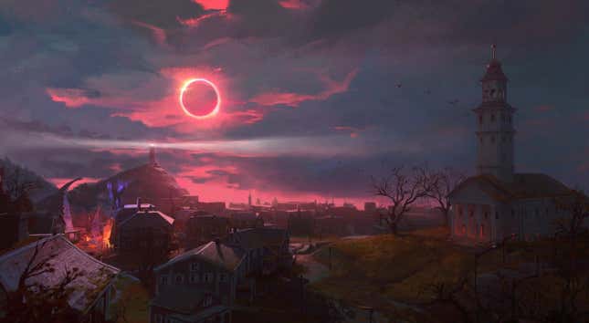 An eclipsed blood moon hangs over Redfall's town.