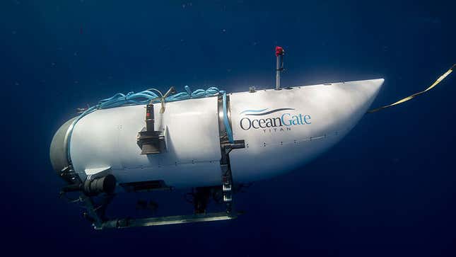 A photo shows the Titan submersible floating in the ocean. 