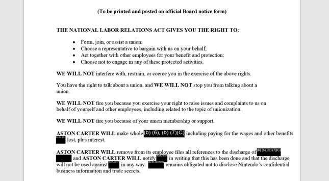 A screenshot shows the text of a labor rights notice that must be posted outside of Nintendo's offices.
