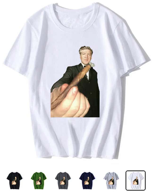 A shirt with director David Lynch passing a blunt.