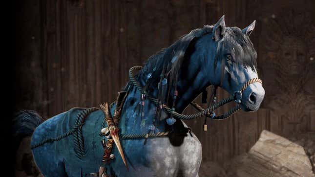 A horse prepares to wear some sweet new $10 armor. 