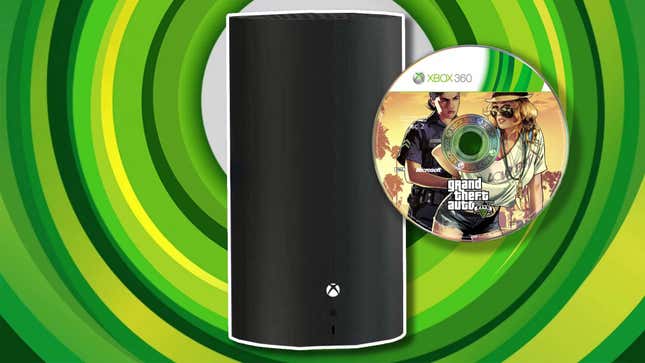 A GTA V disc floats next to a planned all-digital Xbox Series X refresh. 