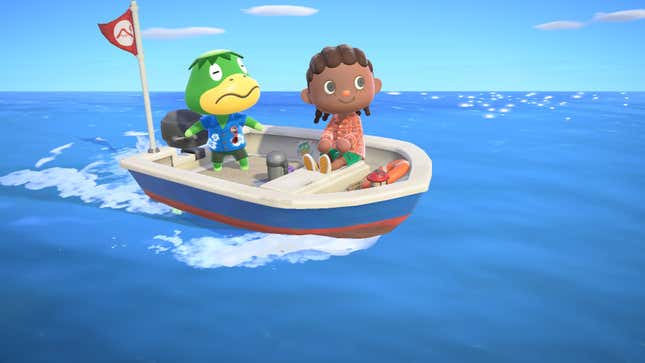 A villager rides in a skiff operated by a turtle on a bluebird day in Animal Crossing: New Horizons.