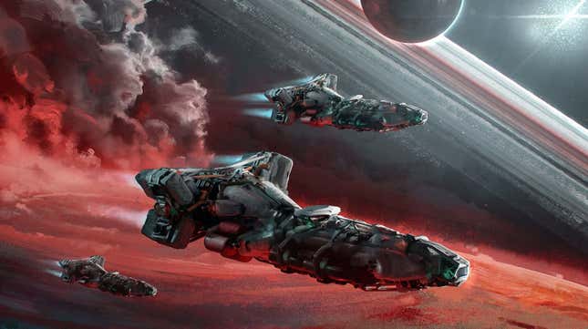 Three Starfield ships soar through space.