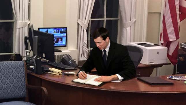 Jared Kushner is working on his to-do list in his office.