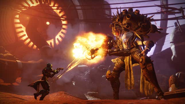 A screenshot from Destiny 2 showing a massive boss shooting at a tiny lone Guardian. 